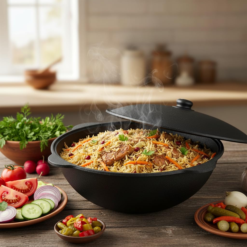 Kazan Wok en fonte 8 l (fond rond) avec louche à mousse Namangan Uzbek Kazbek Asia Wok Cast Iron Casserole Camping Usbek avec couvercle en aluminium