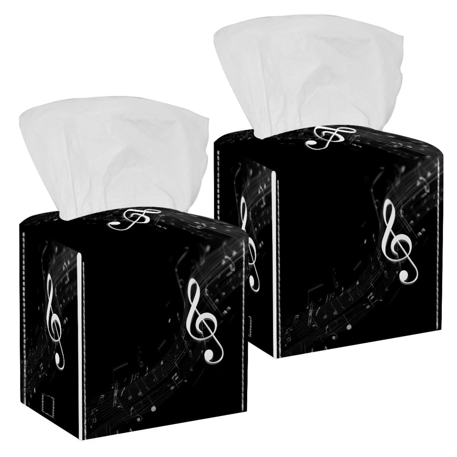 Musical Notes Tissue Box Cover, 2 Pack PU Leather Square Facial Tissue Dispenser Box holder for Home Office Car