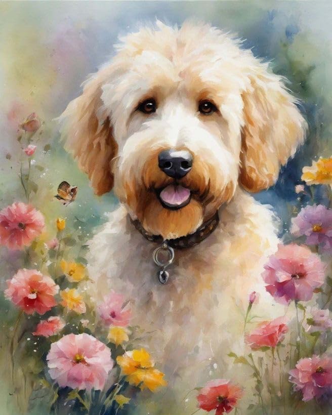 ZMHZMY DIY Paint by Numbers for Adults Goldendoodle Dog and Flowers DIY Oil Painting Drawing Canvas with Brushes Art Decorations 40x50cm,40x50cm,No Frame
