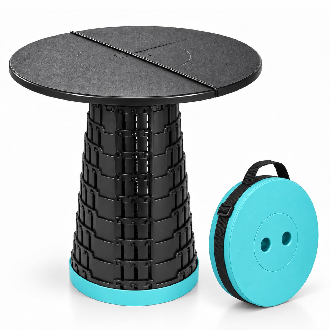 FBG Telescopic Folding Stool Retractable Collapsible Seat - Aqua Blue & Black | 250kg / 550lbs Load Capacity, 50cm Foldable Tabletop Included, Adjustable Lightweight Design | Camping, Garden, Festival