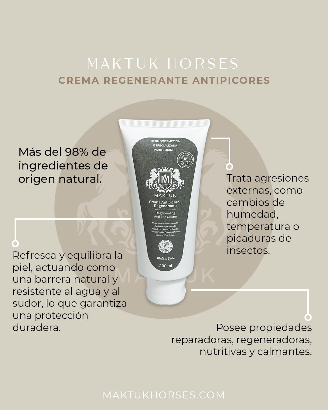 Crema Regenerante Antipicor para Caballos, Perros y Gatos MAKTUK Botanic Horses I 200 ml I. Ayuda a recuperar la Piel de tu Mascota y favorece el Crecimiento del Pelo