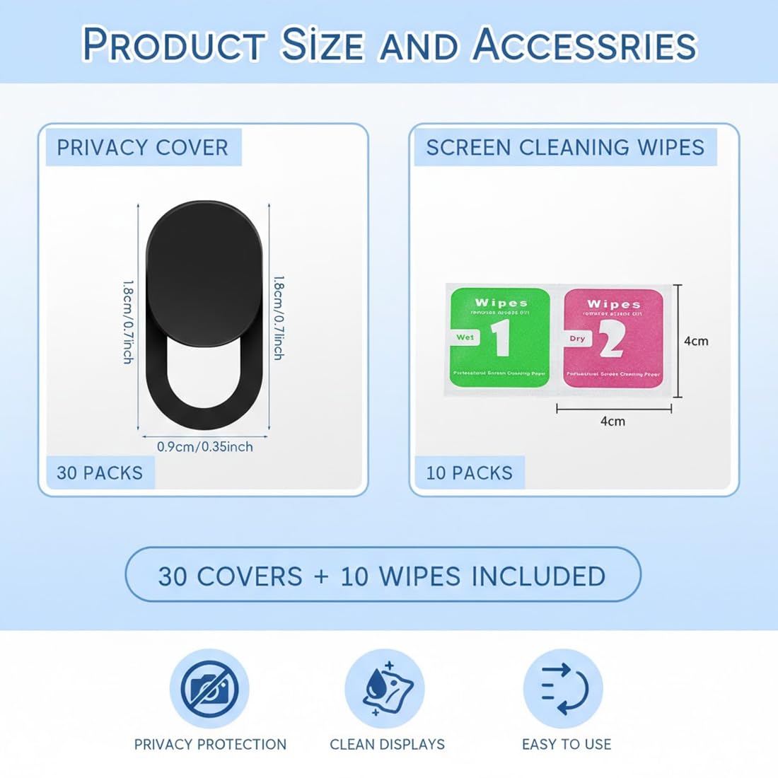 Copri Webcam 30 Pezzi con Salviette Detergenti, Copertura Fotocamera Laptop Nera Ultra Sottile, Set Protezione per PC e Smartphone
