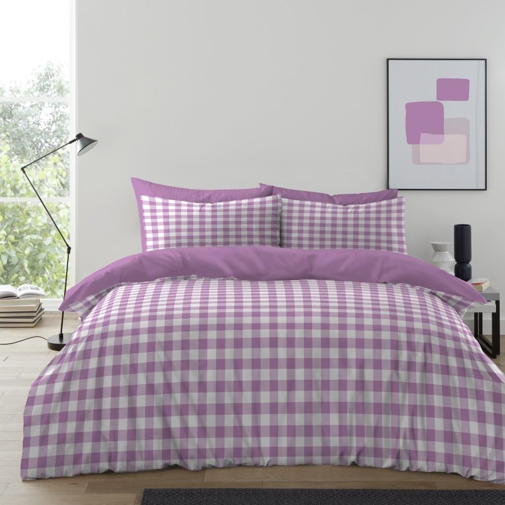 Lions Lilac Gingham Bedding - 100% Polyester - King Size Checked Duvet Cover Set With Matching Pillowcase, Soft Microfibre Reversible Printed Quilt Covers, 230X220cm