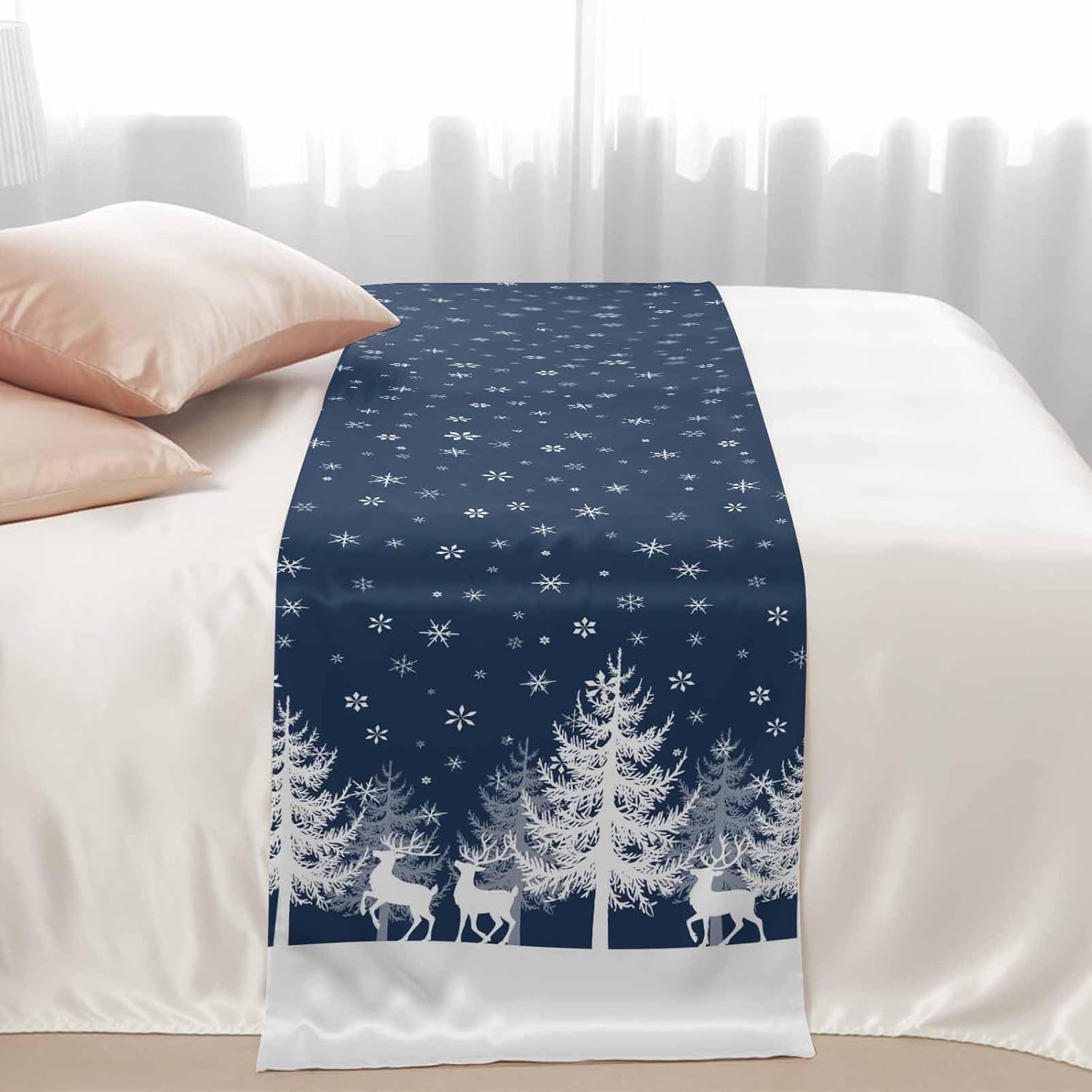 Christmas Elk Bed Runner Scarf Bedding Accessory For Queen Size Bed,Soft Bed Scarves And Runners Stainproof Dustproof Bedroom Protector For Hotel Wedding Room,Forest Winter Deer Xmas Tree Blue 94"x20"