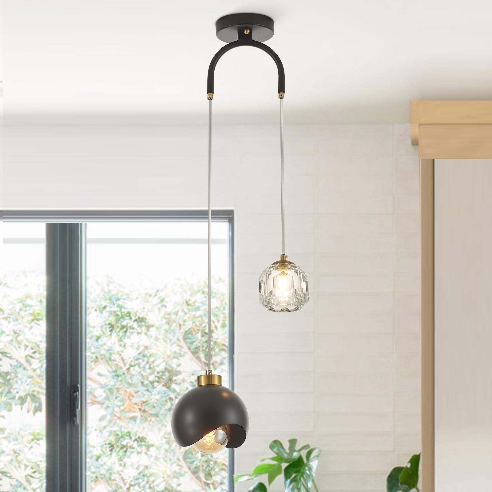 VANZARLA 2 - Light Modern Pendant Light with Crystal Accent, Black Pendant Light Hallway, Unique Hanging Light Fixture for Entryway Bedroom Kitchen