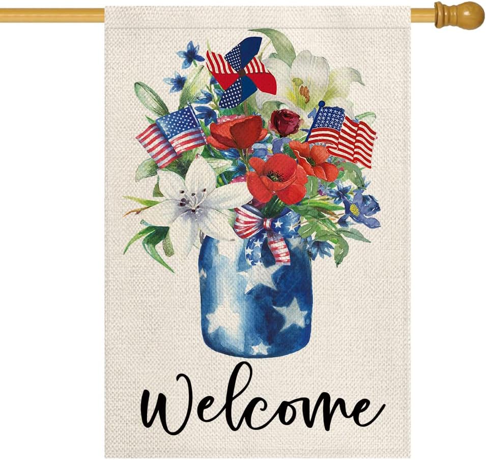 AVOIN colorlife Patriotic 4th of July House Flag Double Sided Outside 28x40 Inch, Independence Day Memorial Day Corn Poppy Lily Yard Outdoor Decoration