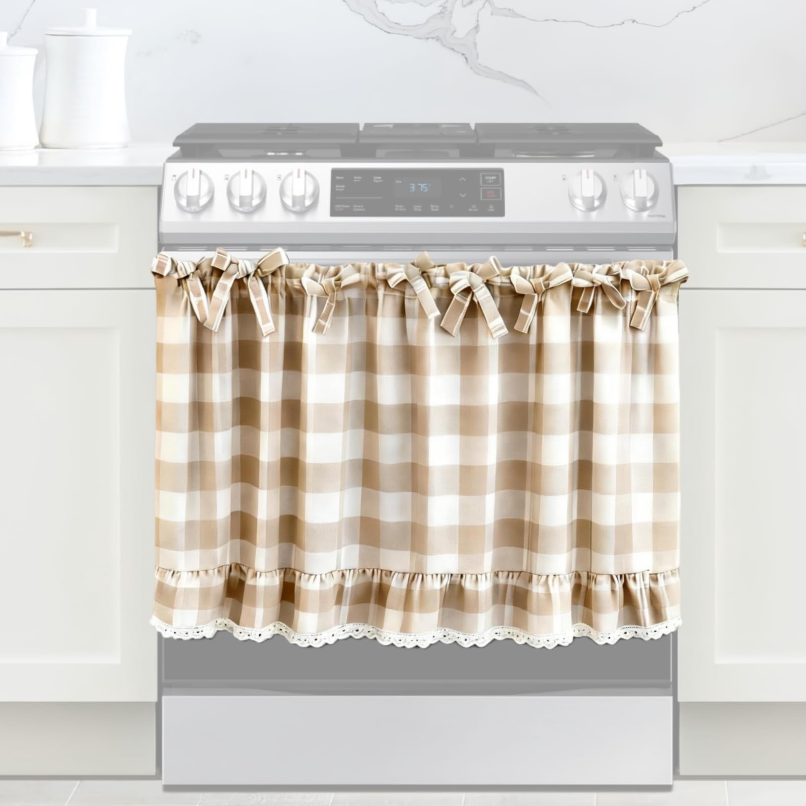 Photo 1 of Beige and White Check Oven Skirt for Farmhouse Kitchen Decor, Cotton Blend Stove Cover Skirt with Lace Trim & 9 Ribbon Ties, Rustic Decorative Oven Door Curtain for Cottage Kitchen Decor