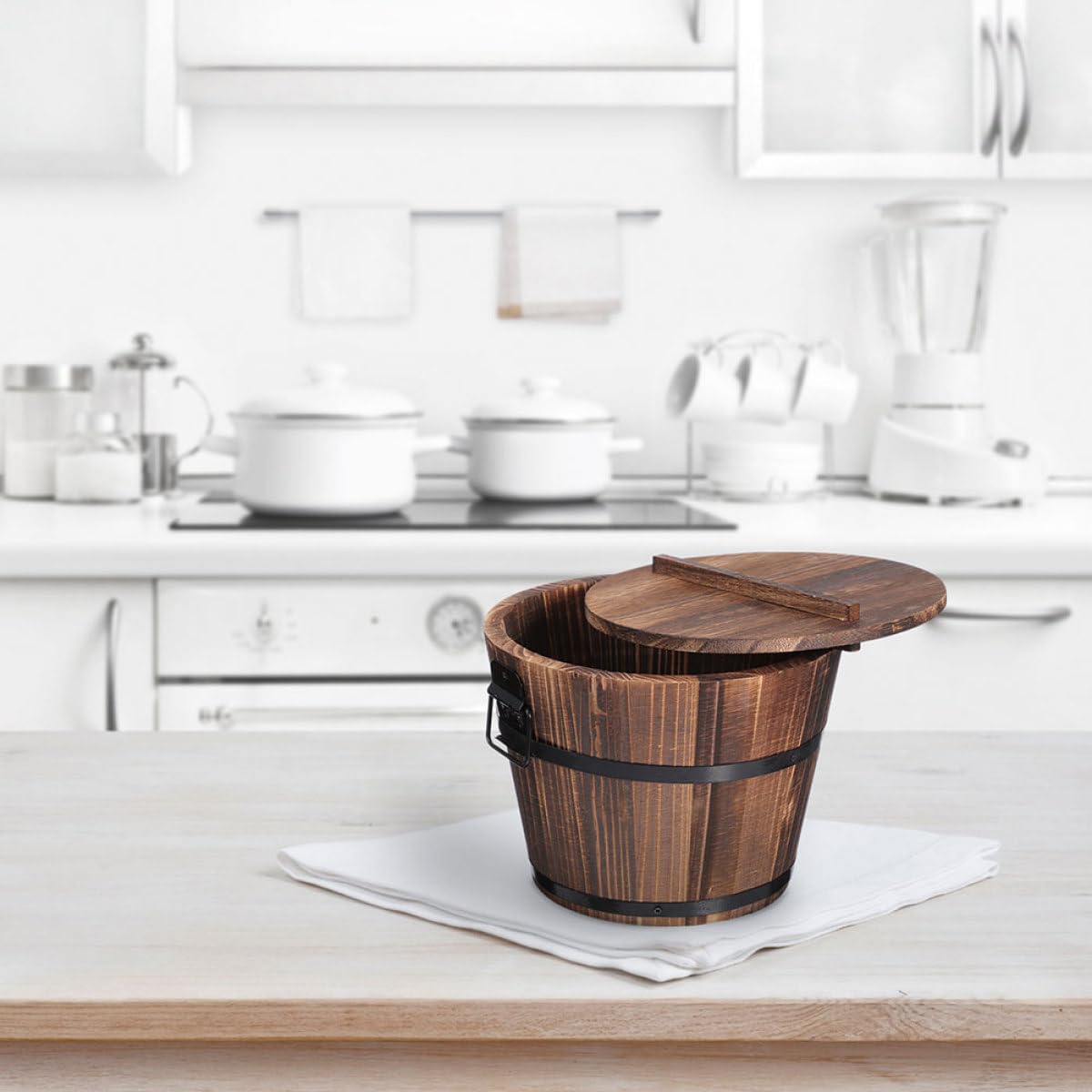 Secchio di Legno per Conservare Alimenti con Manico Anti-caldo e Coperchio, Contenitore per Cucina e Casa con Cucchiaio Incluso, Semplice e Bello Stili multipli