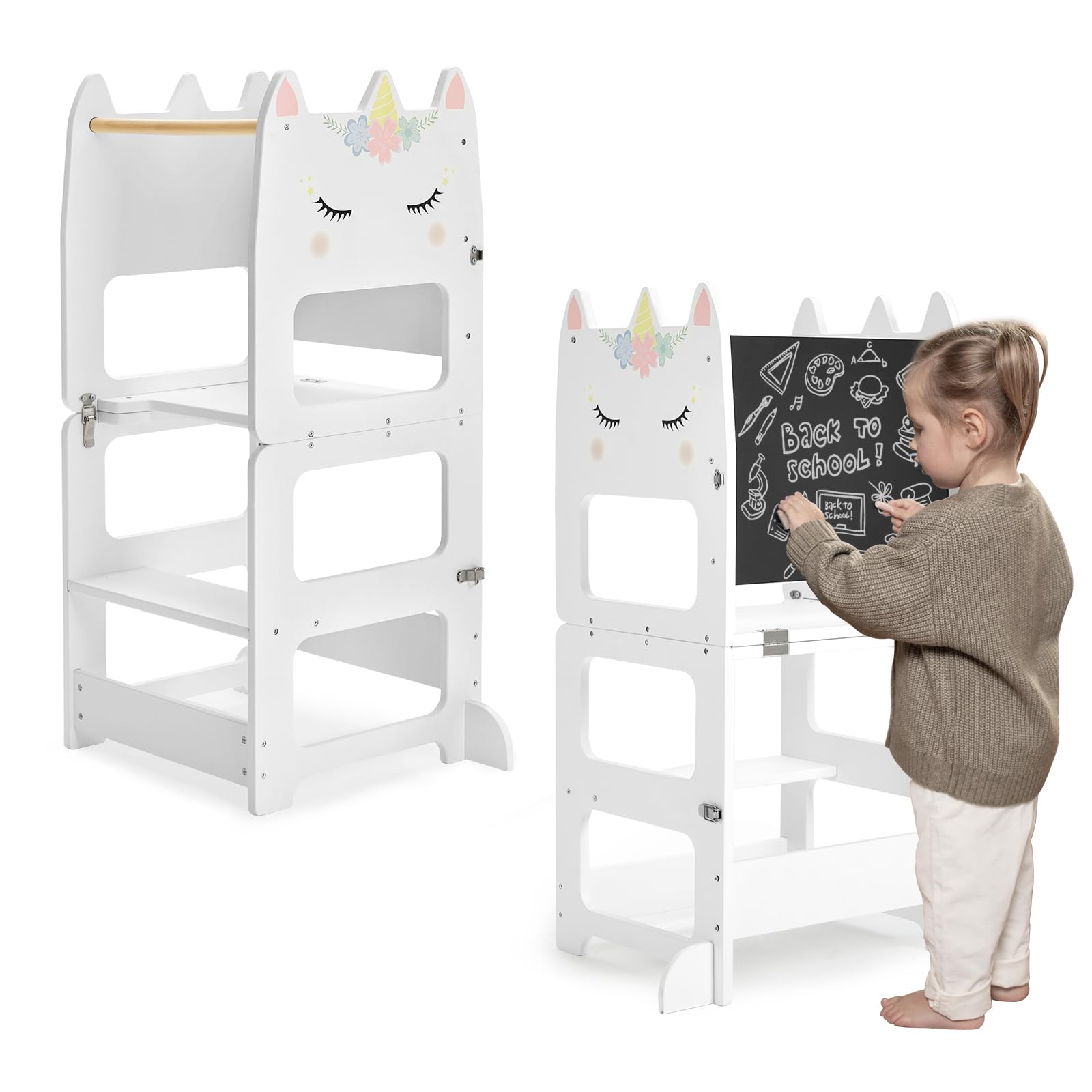 Labebe Standing Tower for Children Montessori Foldable Learning Step with Blackboard, 3 in 1 Step Stool Tower, Highest Safety Kitchen Tower from 18 Months for Kitchen Kids Room and Bathroom