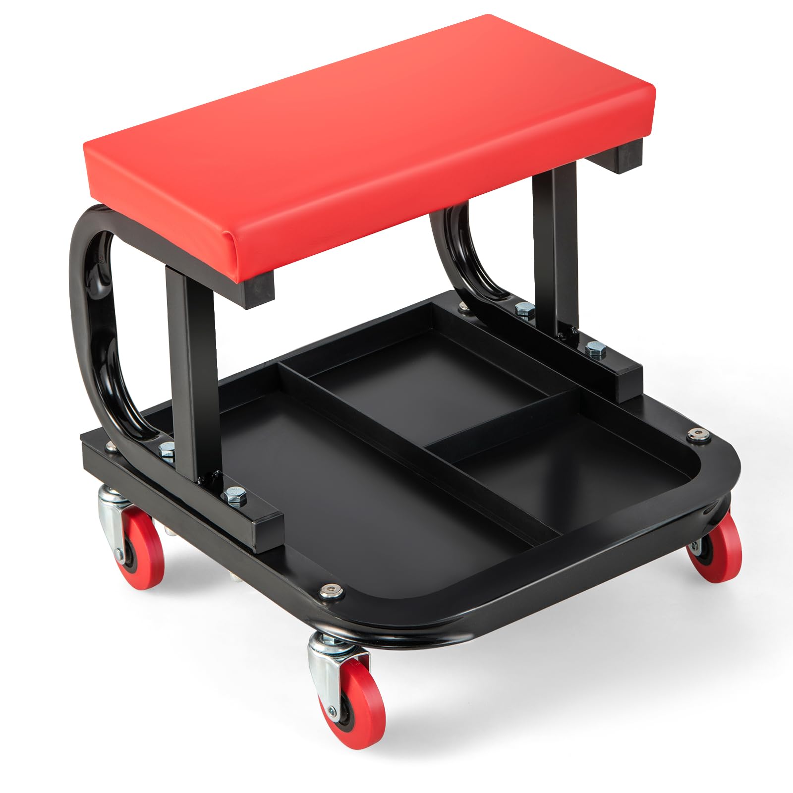 Rolling Mechanic Stool, Padded Creeper Trolley Seat with 4 Swivel Casters and Segmented Tool Tray Storage, Heavy Duty Workshop Stool for Garage Auto Repair Shop, 150 kg Load Capacity