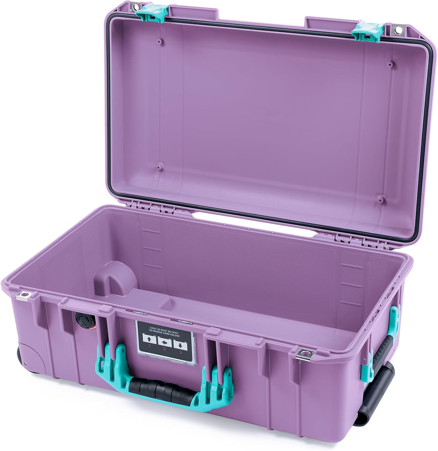 Lilac Pelican 1535 Air case, with Teal Handles, latches, & Trolley. Comes Empty & with Wheels.