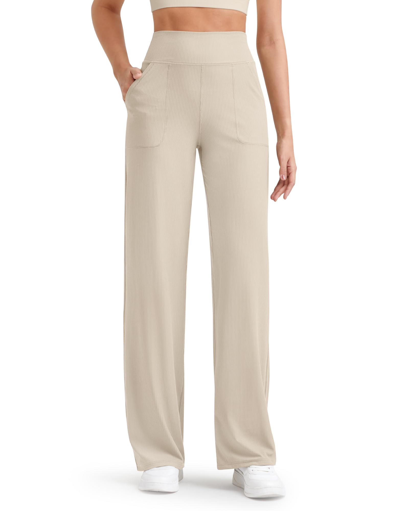 G4Free Pantalon de yoga en tricot côtelé avec poches pour femme - Léger et extensible - Décontracté