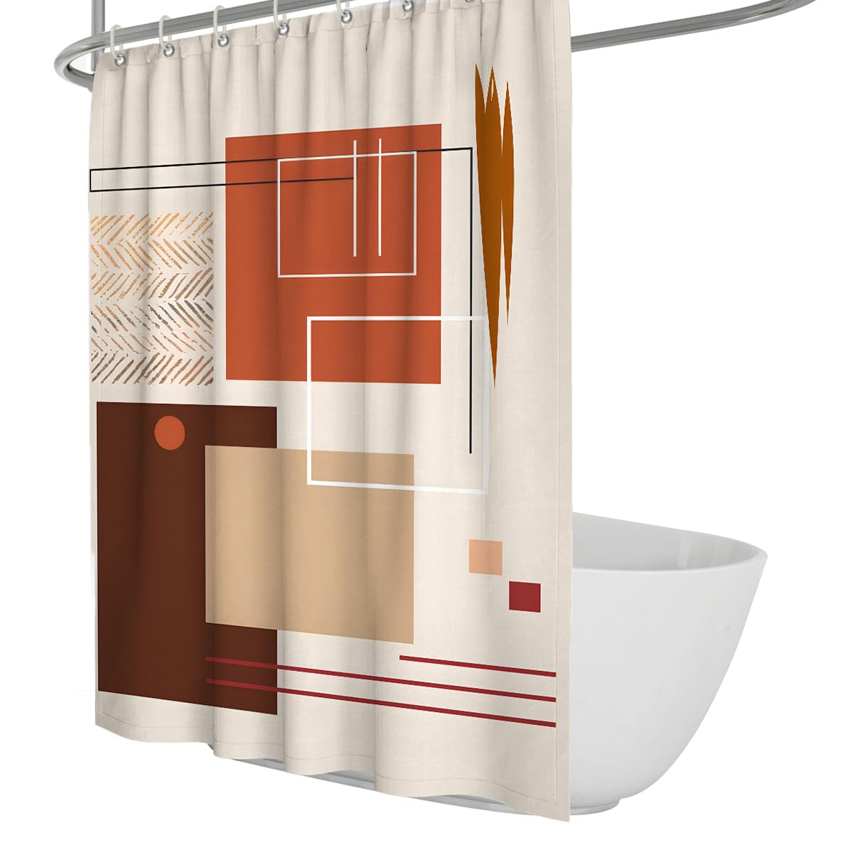 UIRINGART Vintage Bathroom Bathtub Curtain W120xL200cm Abstract Geometric Block Line Brown Terracotta Beige Mildew Mould Resistant Polyester Fabric Shower Curtains