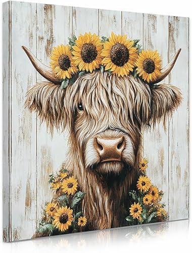 Miniatura 7 de Yidepot Decoración de vaca de las tierras altas para granja imágenes retro de terneros escoceses con flores con cita inspiradora, lienzo para pared
