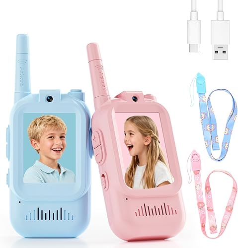 Walkie Talkies de video para niños, paquete de 2 con cambiador de voz, rango de 1000 pies, juguetes divertidos para jugar en interiores, campamento,