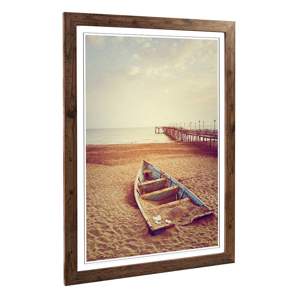 Big Box Art Framed Print of Stranded Boat on Beach Pier Seascape Design | Wall Art Picture | Home Decor for Kitchen, Living Room, Bedroom, Hallway, Walnut, A2 / 24.5x18 Inch / 62x45cm