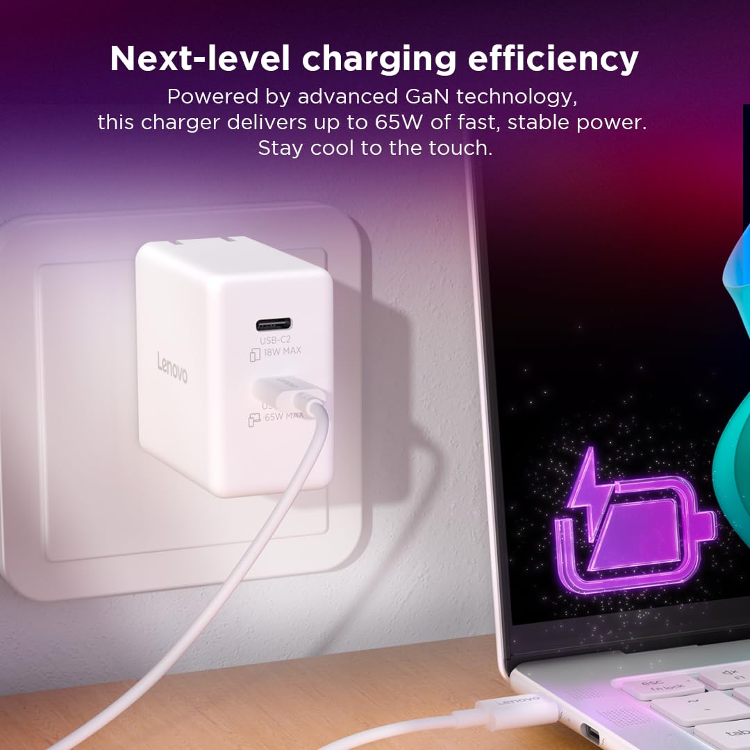 Lenovo Caricatore doppio USB-C 65W GaN, 2 porte USB-C, per laptop/tablet, telefoni e altro, dimensioni compatte, spina pieghevole, include cavo USB C da 1,5 m, modello/tipo: CC65, bianco