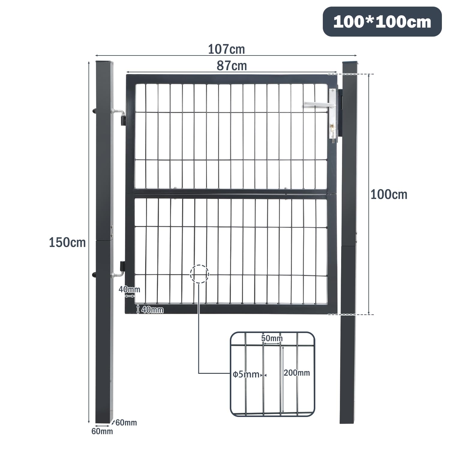Puerta de jardín de 100 x 100 cm, de acero galvanizado, puerta de jardín para setos, valla o patio, incluye mango de acero inoxidable y 3 llaves, color antracita