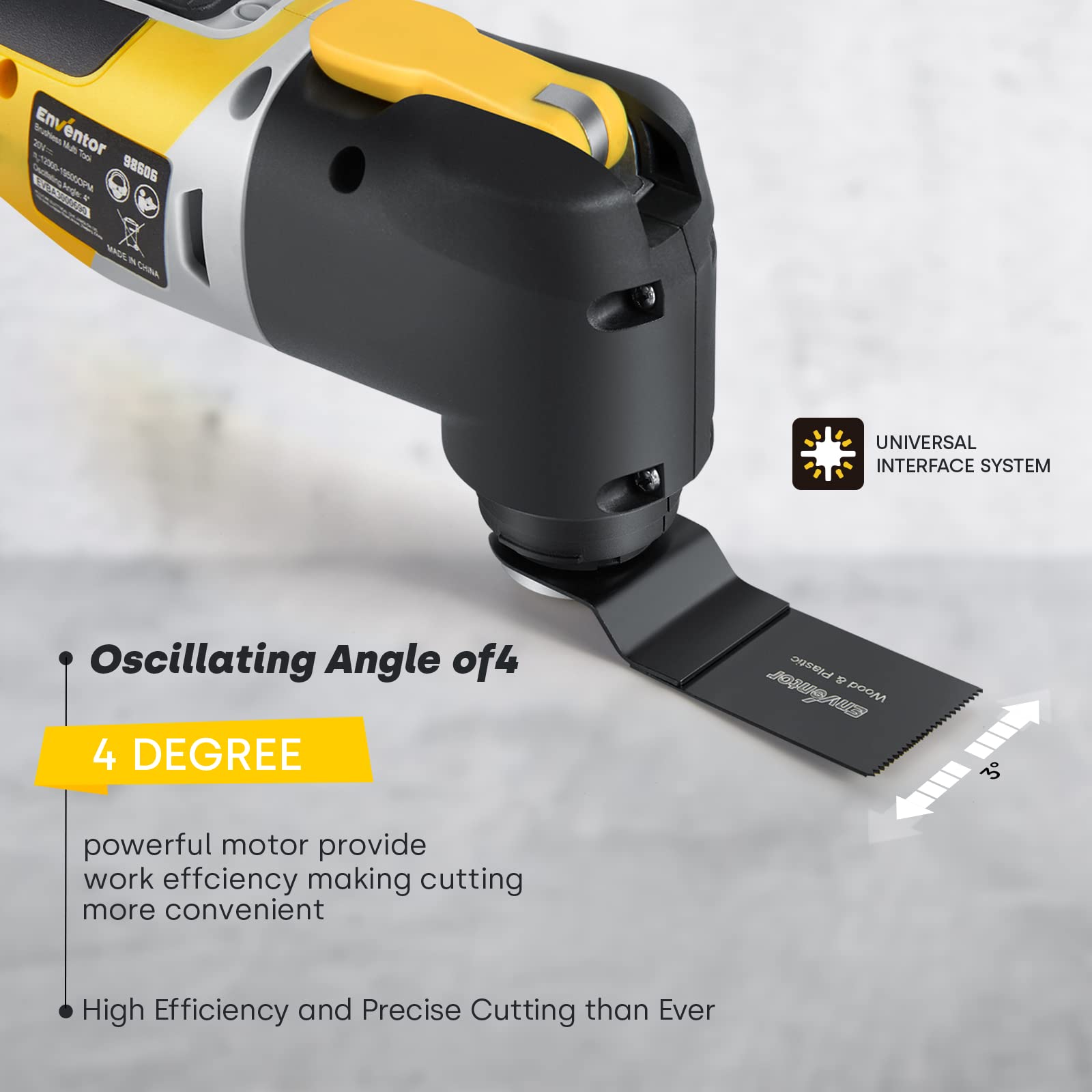 Outil Multifonction Oscillant 20V, ENVENTOR Brushless Outil Multifonction Sans Fil avec 6 Vitesses Variables, 12000-19500RPM, Chargeur, 28 Accessoires, Angle Oscillant 4°, Pour Racler, Couper, Polir