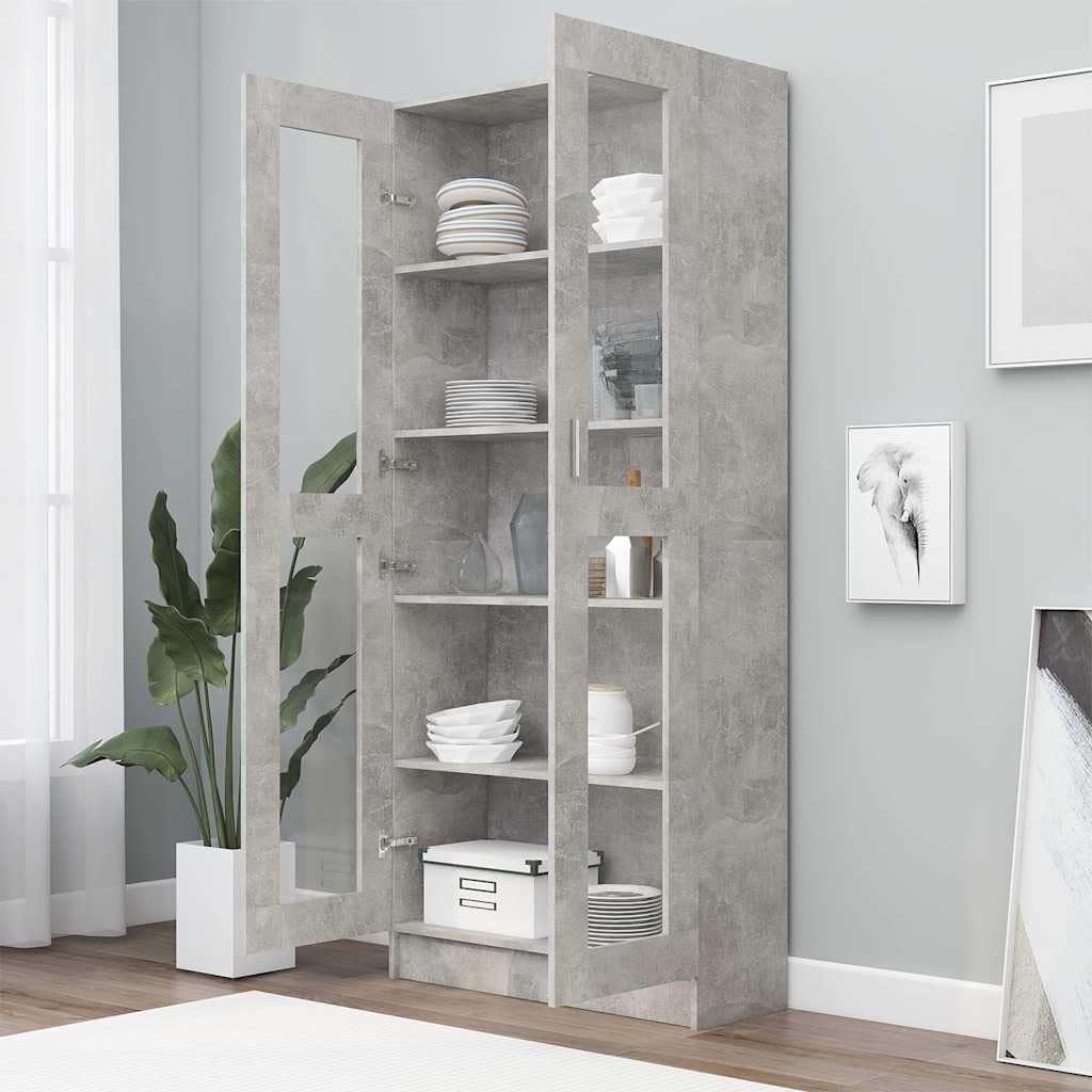 Armario genérico vitrina gris hormigón 82,5 x 30,5 x 185,5 cm, estantería de madera de ingeniería con 5 compartimentos y 2 puertas, almacenamiento para libros, revistas, DVD y decoración