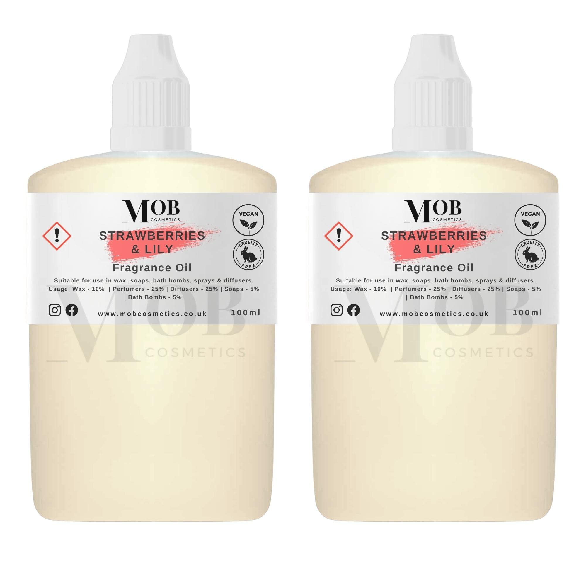 Luxury and Designer Fragrance Oil | Highly Concentrated | Perfect for Candles, Soaps, Bath Bombs, Diffusers, Wax Melts | UK Made | Vegan (Strawberries and Lily, 100ml (Pack of 2))