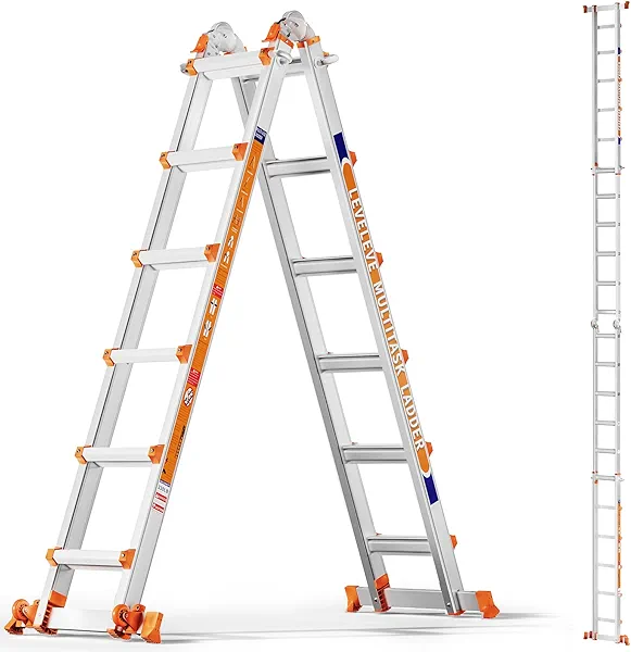 LANOVA LITE A Frame 6 Step Ladder, 22FT Extension Ladder with Stabilizer Bar & Wheels,330 lbs Security Load Multi Position Ladder for Stairs Home Indoor Outdoor Roof