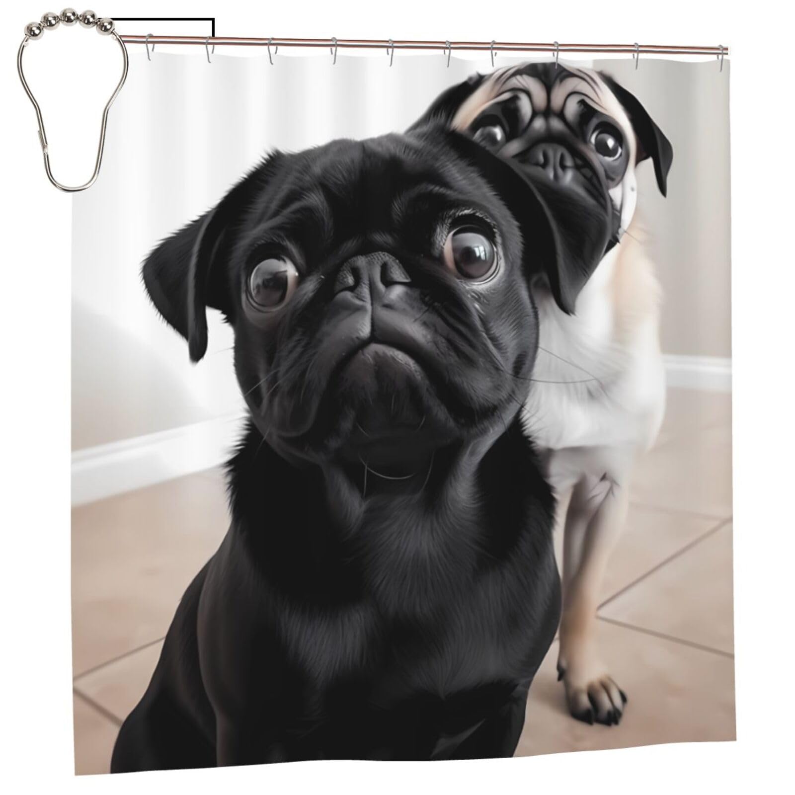 FodPand Cute Black Pug Dog Shower Curtain 70"x70" Waterproof Long Bathroom Curtain Heavy Duty Thick Cloth Bath Curtain Set with Hooks, Modern Abstract Art Pattern Bathroom Shower Curtains