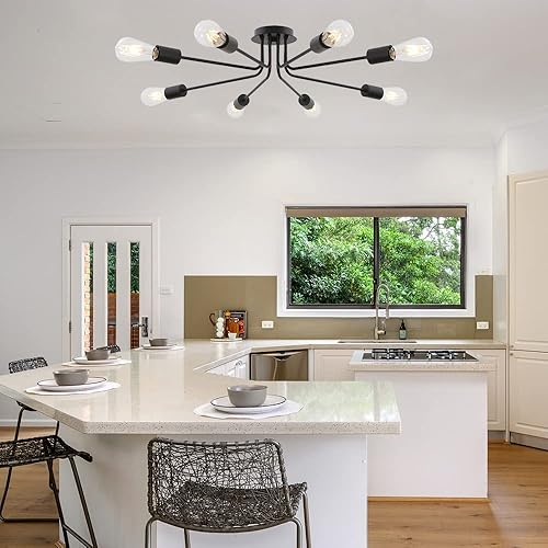 Lámpara de techo vintage de 8 luces industriales de metal negro Sputnik semi empotrada para comedor, sala de estar, cocina