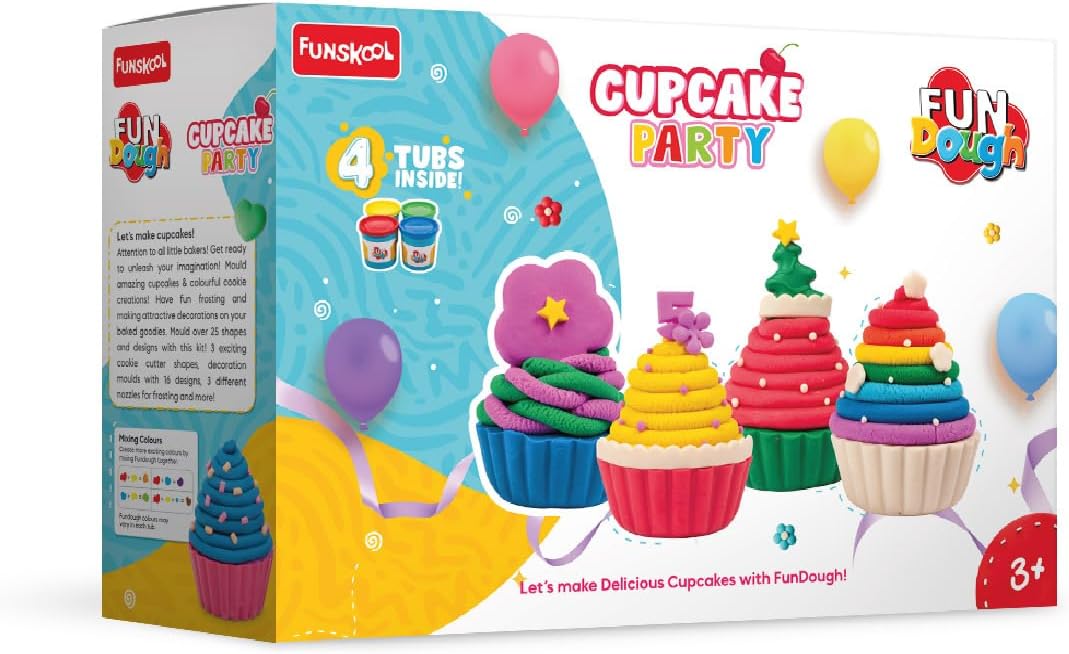 - Fundough Funskool Cupcake Party, Play Set for Kid, 5 Colorful Tubs of 50g Each (250g Total), Learning, Fun & Engaging Activity, Multicolour, Gift Set for Kids, Age 3+ Years