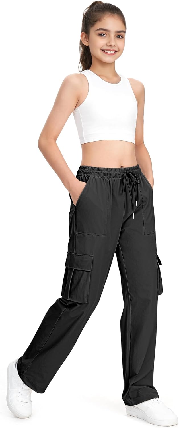 HASMES Girls Cargo Pants Kids Lightweight Hiking Pants Water Resistant Joggers with Pockets 7-15Y - Image 2