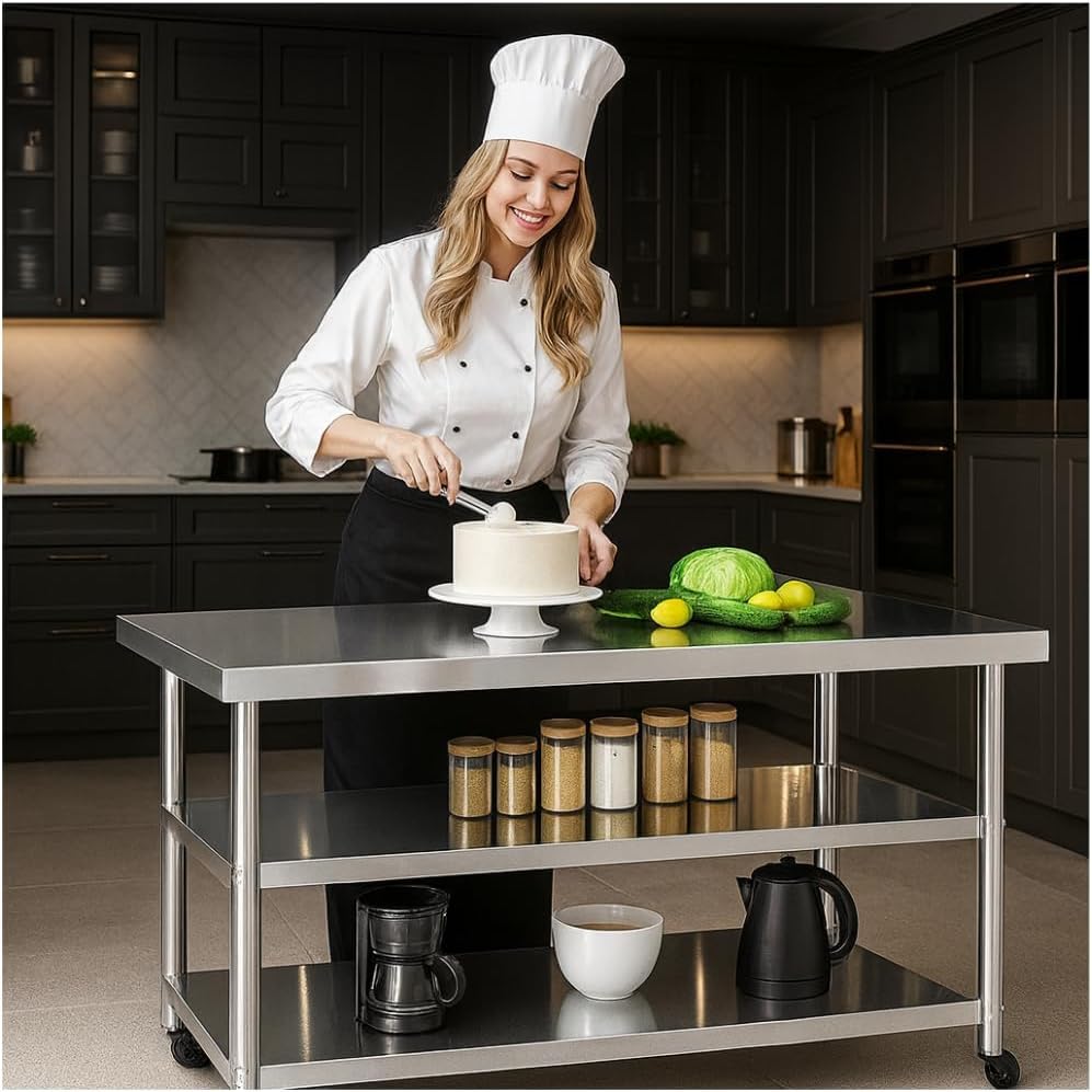 Image of Stainless Steel Table with Wheels for Food Preparation and Work, Multi-Size Optional, Three-Layer Variable Two-Layer Metal Commercial Workbench Outdoor, Restaurant, Kitchen (51 inch Lx32 Wx34 H)