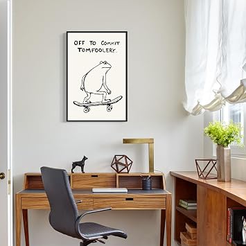 Anslipswar Frog Poster, Funny Quote Off To Commit Tomfoolery Canvas Wall Art, Funky Skateboard Frog Print, Quirk Animal Picture for Kids Room, Beige and Black Minimalist Painting 30x40cm Unframed