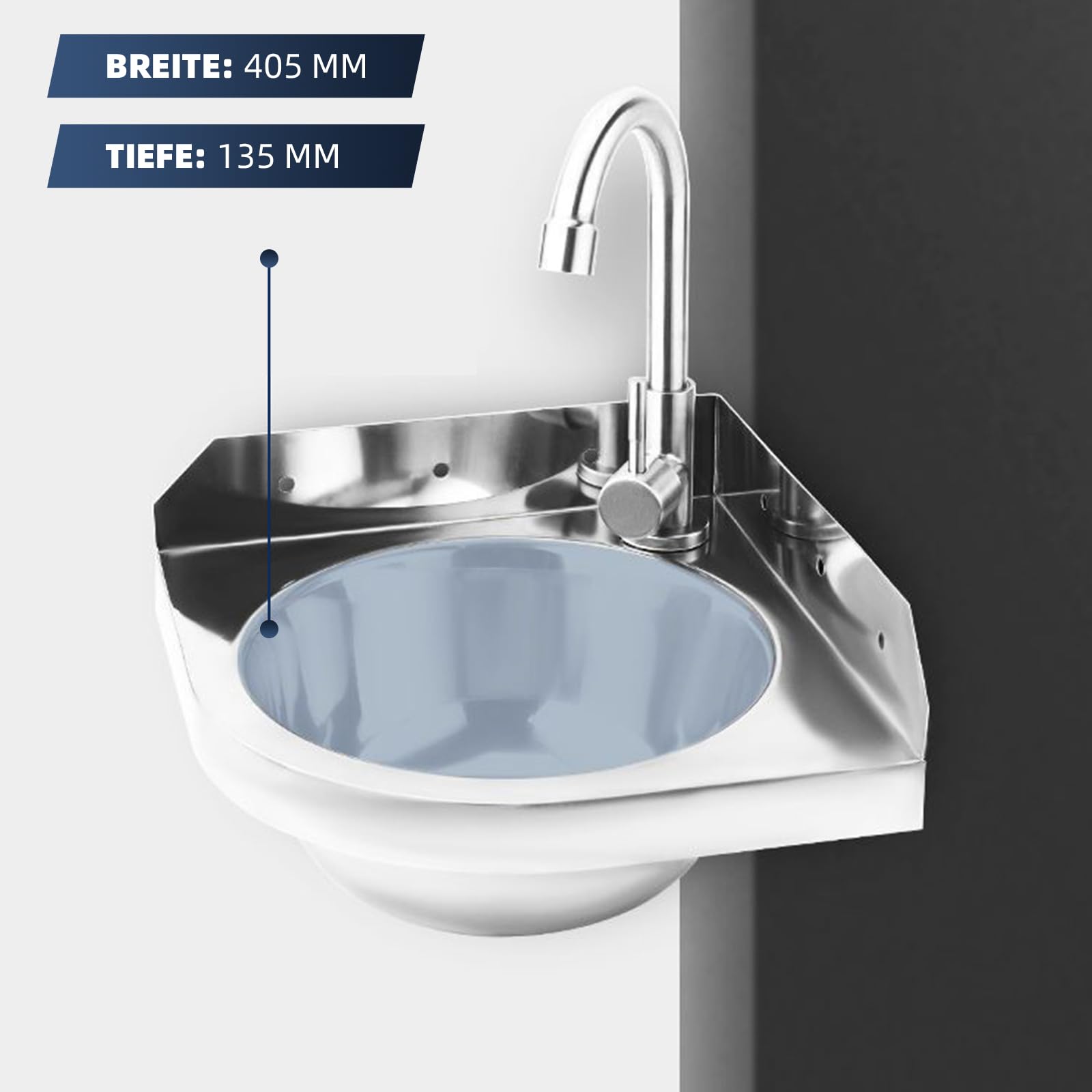 Lavabo ad Angolo in Acciaio Inox, Lavabo da Parete Triangolare, Lavello in Acciaio Inox con Rubinetto Acqua Calda e Fredda, Salvaspazio per Bagno, Camper, Barca, WC, Garage