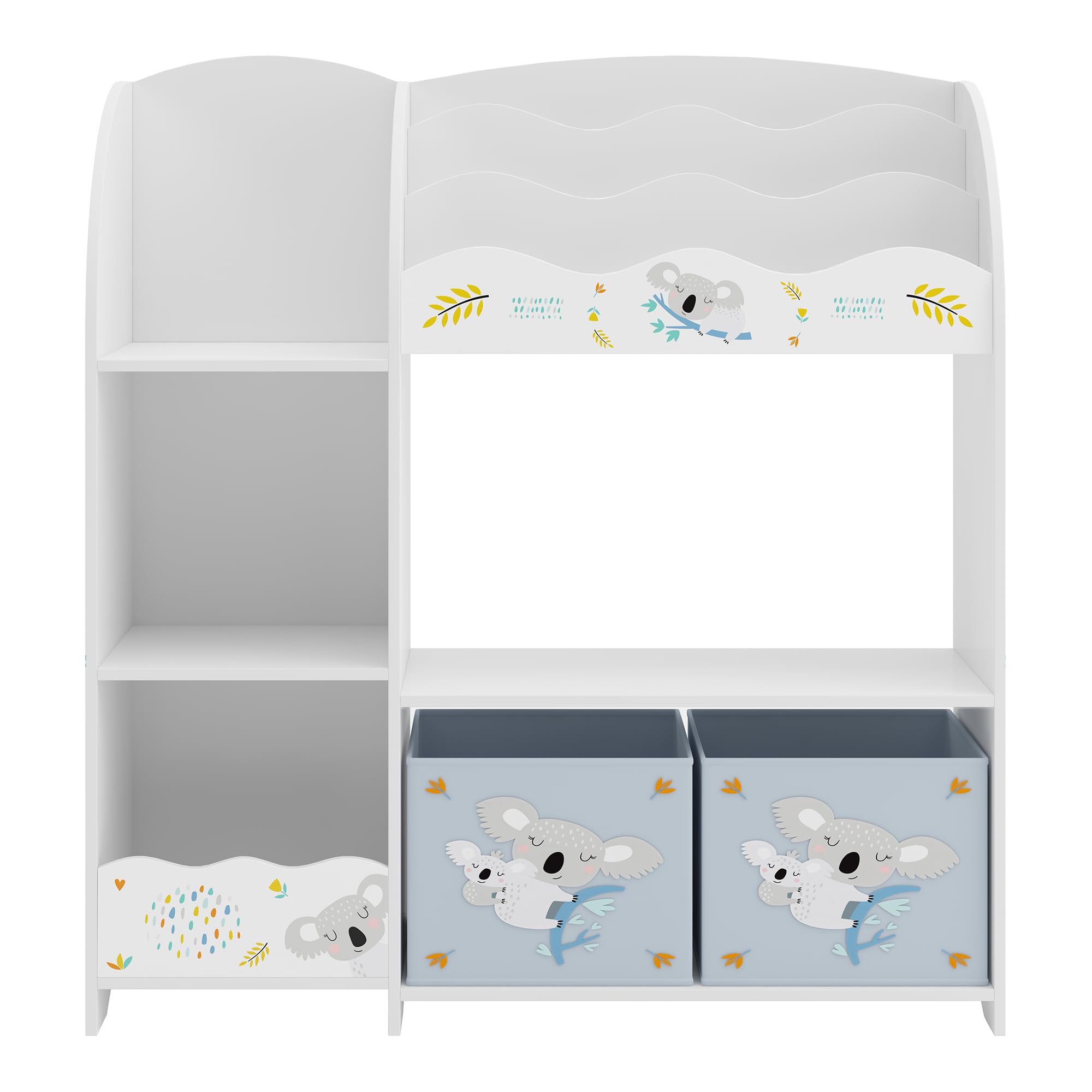 [en.casa] Étagère Enfant avec Compartiments de Rangement Ouverts et 2 Boîtes Meuble de Stockage avec Motif Koala Panneau de Particules Polyester 100 x 93 x 30 cm Blanc Gris