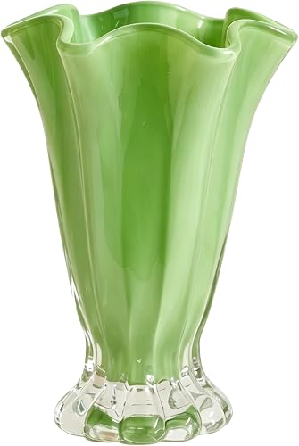 Ruffled Vase Display with Wavy Rim, Hand Blown Glass Vase for Flowers, Blown Glass Decor Centerpiece with Ribbed Panels for Tabletop Shelf Mantel Home Decor (Green)