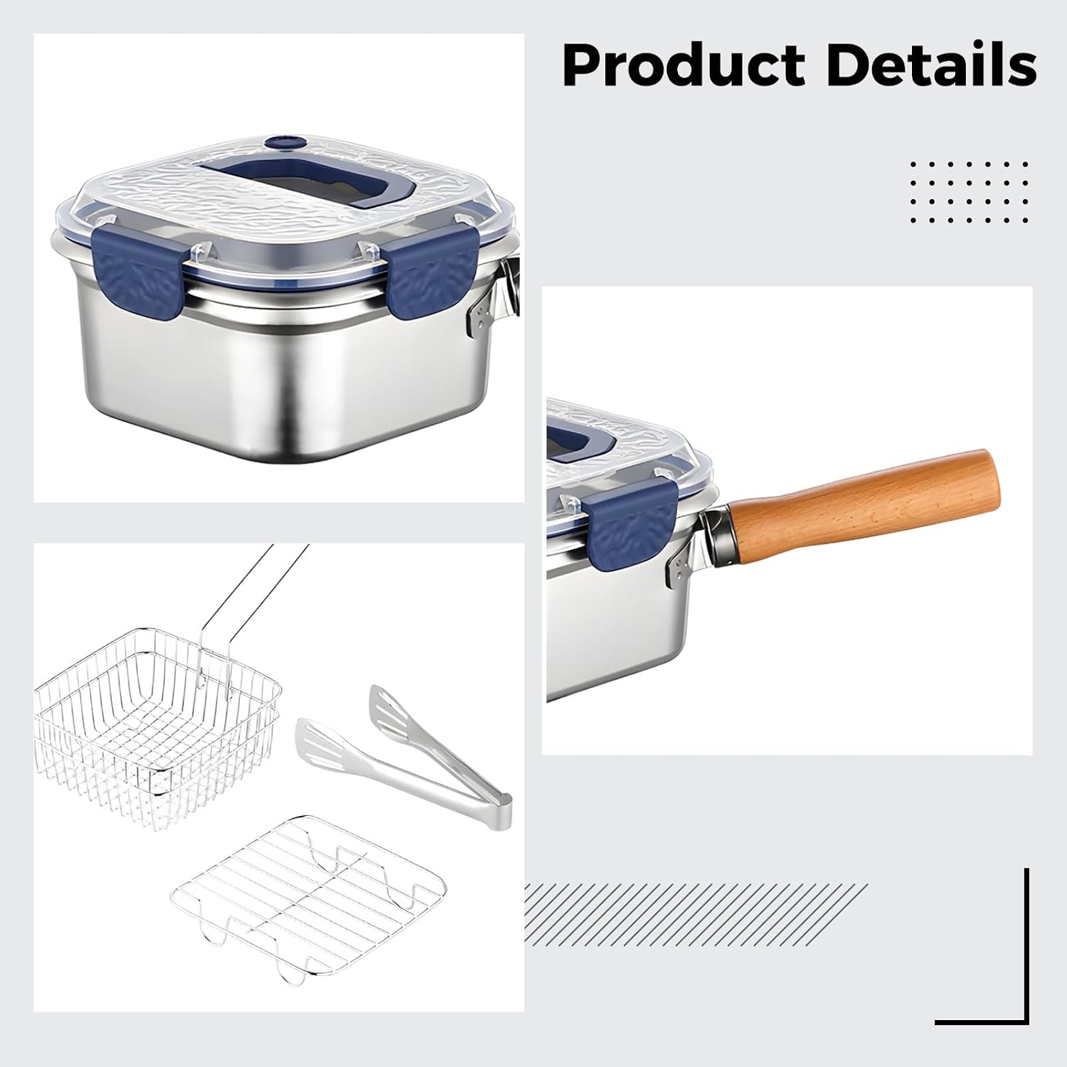 5 Pcs Deep Fryer Set with Food Clip, Steaming Rack, Blue Lid, Stainless Steel Portable Outdoor Cooking Pot, Multi-Functional Food Container, 7.6 in