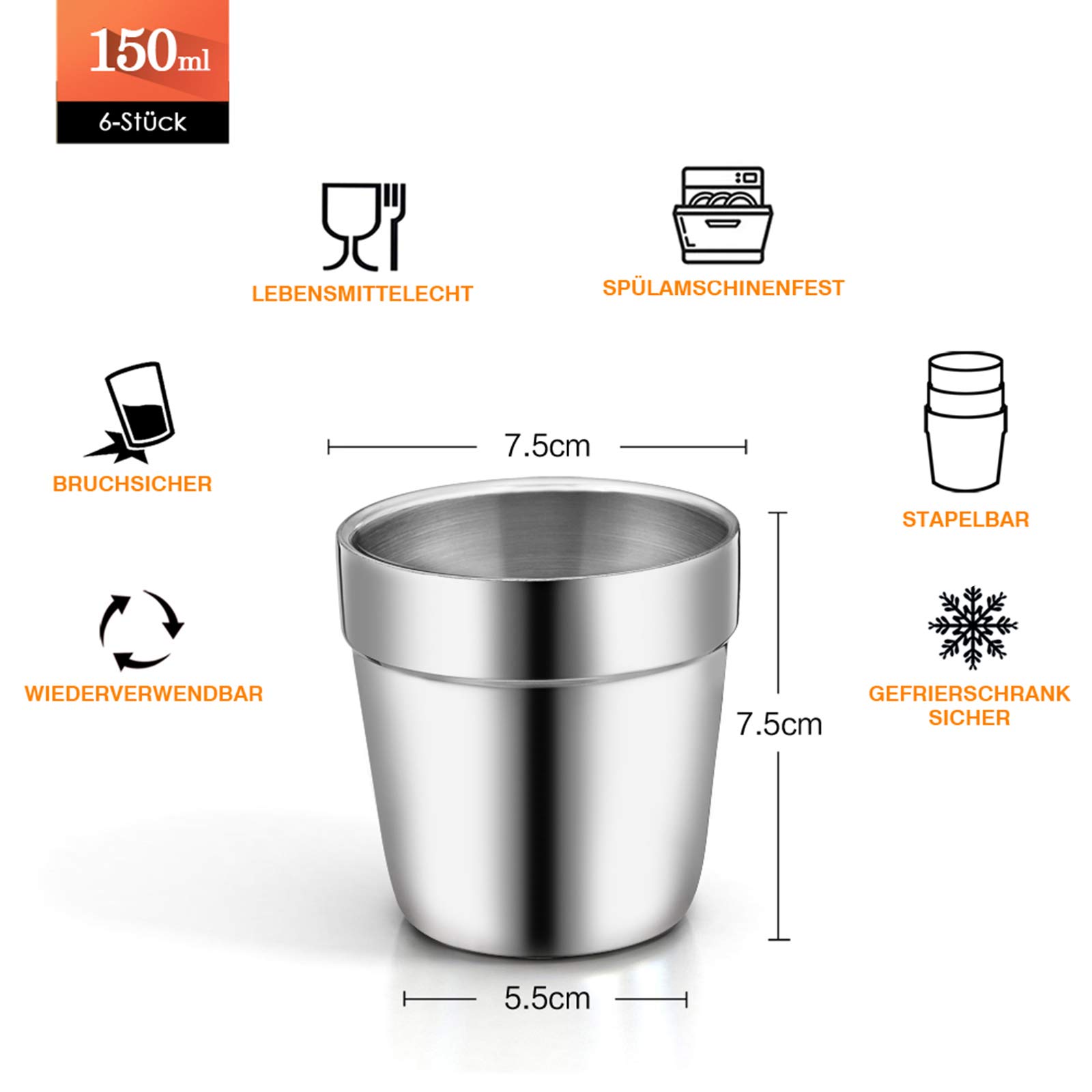 TEAMFAR Set di 6 tazze da caffè in acciaio inox a doppia parete spessa, per casa, feste o campeggio, indistruttibili e riutilizzabili, lavabili in lavastoviglie, 150 ml