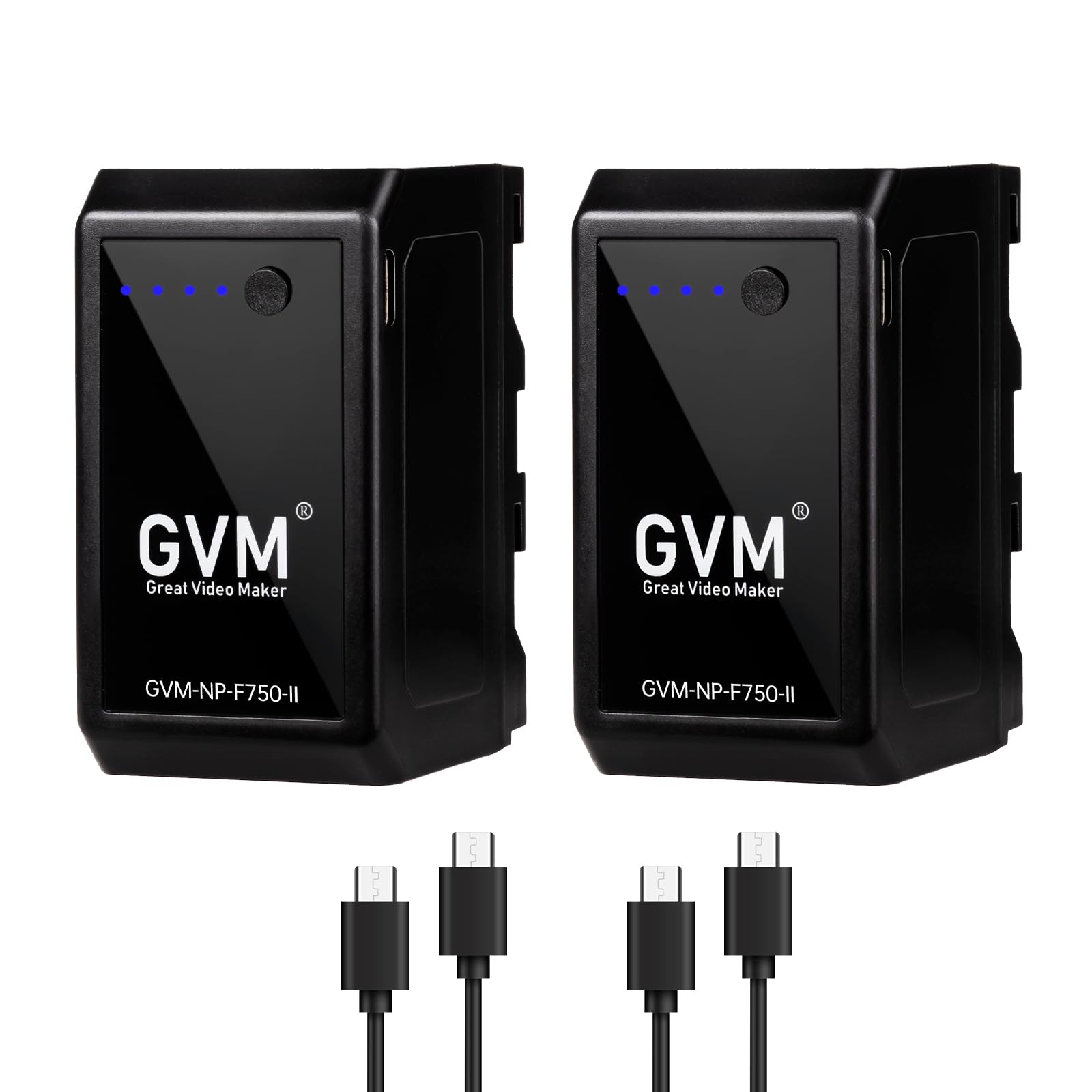 GVM - Confezione da 2 batterie di ricambio NP F750 con cavi USB C ricaricabili e caricabatterie da viaggio, compatibili con NP-F975, NP-F960, NP-F950, NP-F930, NP-F770, NP-F750, NP-F550 e DCR, DSR