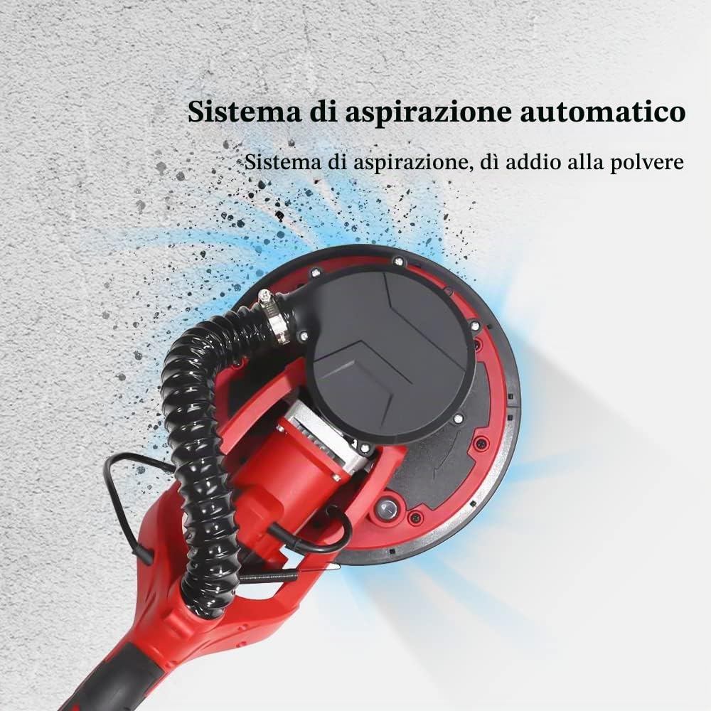 Levigatrice per muro telescopica 1390 W, Raccolta Automatica di Polvere,Impugnatura telescopica fino a 2m, Dischi Abrasivi 12PCS, Tubo Flessibile e 2 Spazzole in Carbone