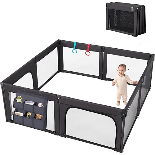 Baby Playpen Foldable, Shape & Size Adjustable Playpen for Toddler, 79x71 Large Baby Play Pens Safety Mesh Foldable Playard for Babies, Portable Baby Fence Play Area Kids Play Pen, Black