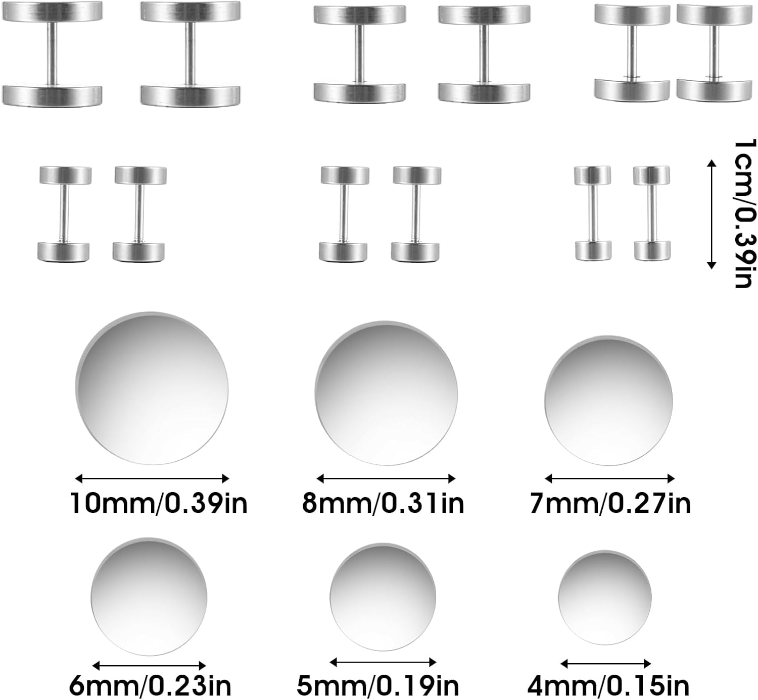 6 Pairs Black Earrings for Men Women Fake Plugs Faux Gauges Plugs Earring Stainless Steel Stud Earrings, 4-10mm - Image 2