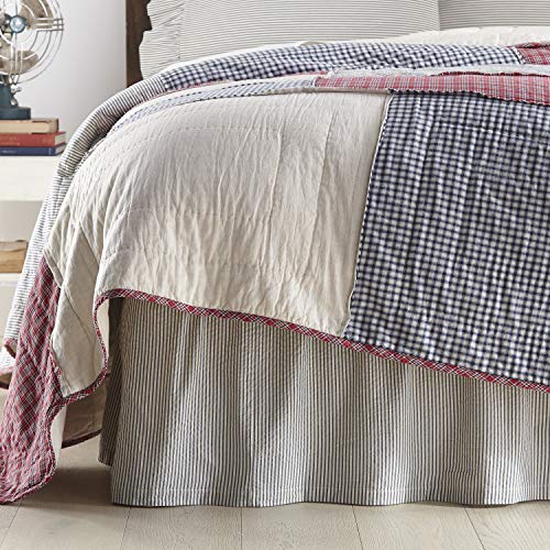VHC Brands Hatteras Seersucker Ticking Striped Cotton Americana Split Corners Gathered Queen Bed Skirt 60x80x16 Denim Blue