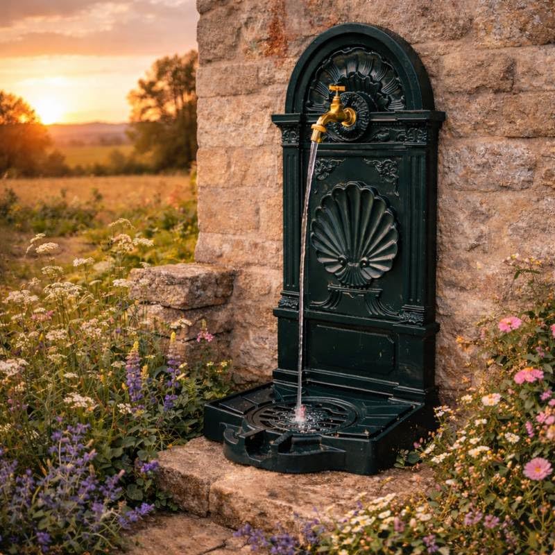 Fontaine de Jardin à Poser Source en Fonte d'Aluminium Patinée Vert avec Robinet Fonctionnel en Laiton 35x40x83cm