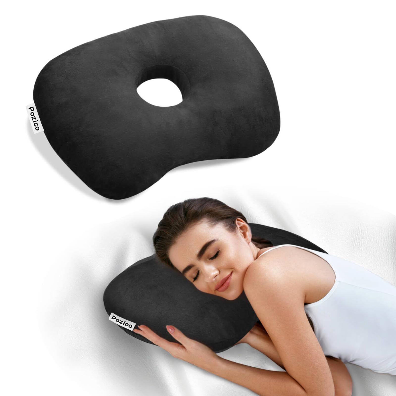 Pozico Black Ear Piercing Pillow With An Ear Hole For Ear Pain And Side Sleepers (Black)