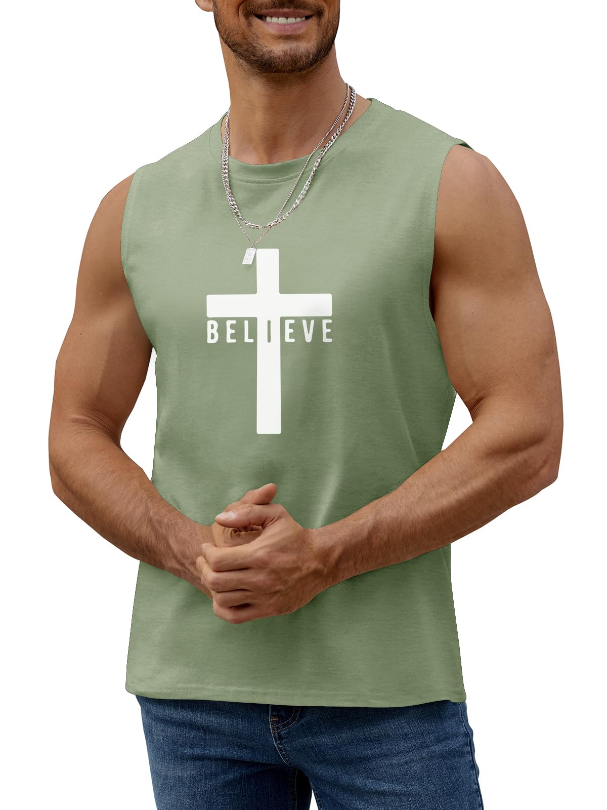 Canotte da uomo in cotone con grafica Gesù Croce Credere stampato Faith Christian camicie, Verde pisello, S