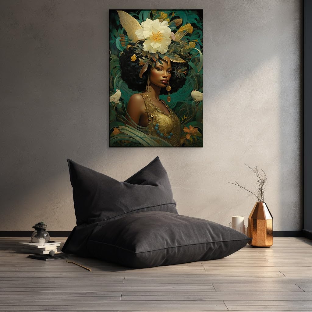 Canvas for Living room. Blooming Elegance: A Serene Portrait of a Woman Amidst Flight and Flora, 27 x 18 inch Canvas Wall Art - Contemporary Masterpieces - Modern Home Decor - 69x46 cm (27x18 inch)