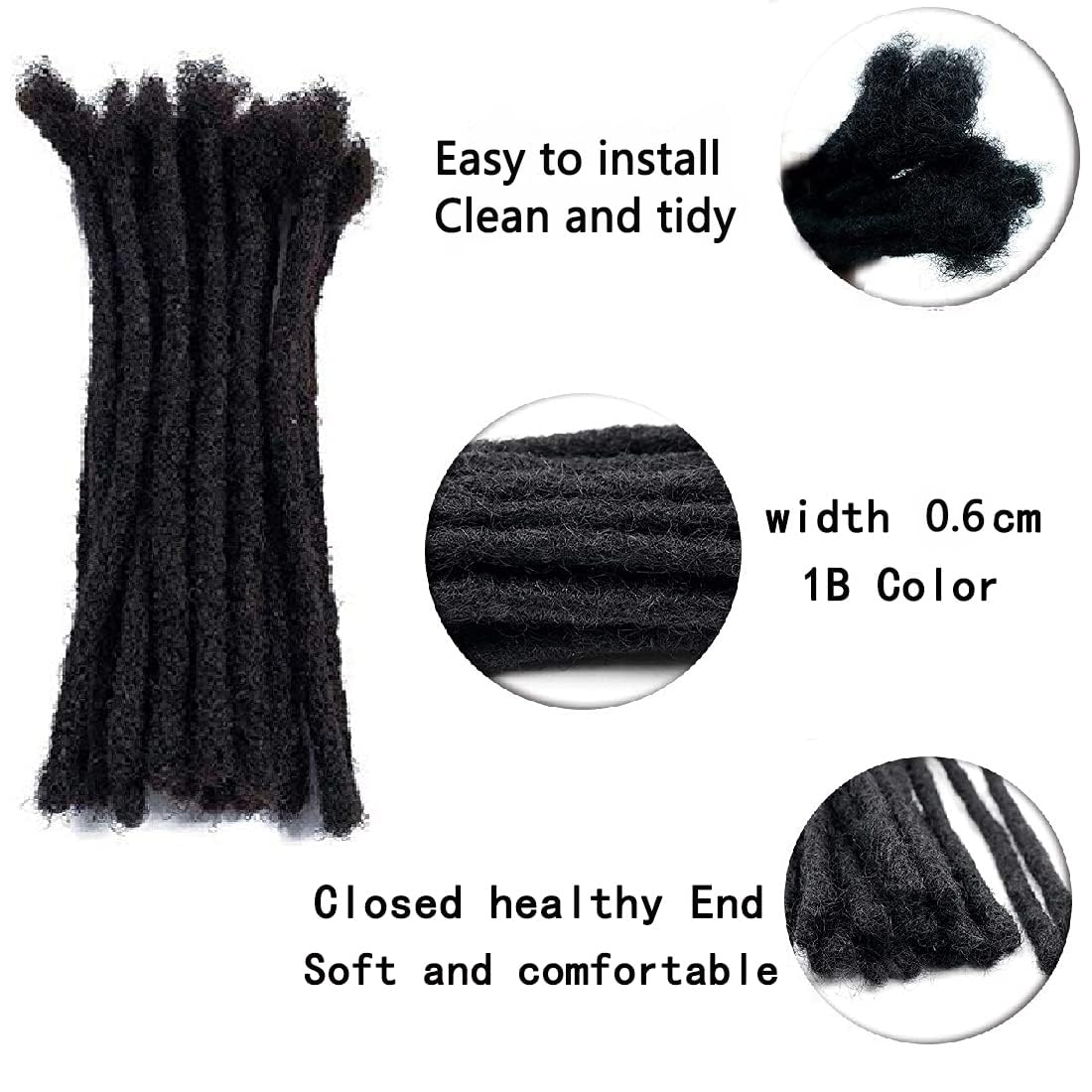 Dreadlock Extensions 0.6cm Thickness 8 Inch 20 Strands Real Human Hair Loc Extensions 100% Handmade Permanent Hair Extensions Natural Black Afro Kinky Locs Can Be Dyed Curled for Women/Men