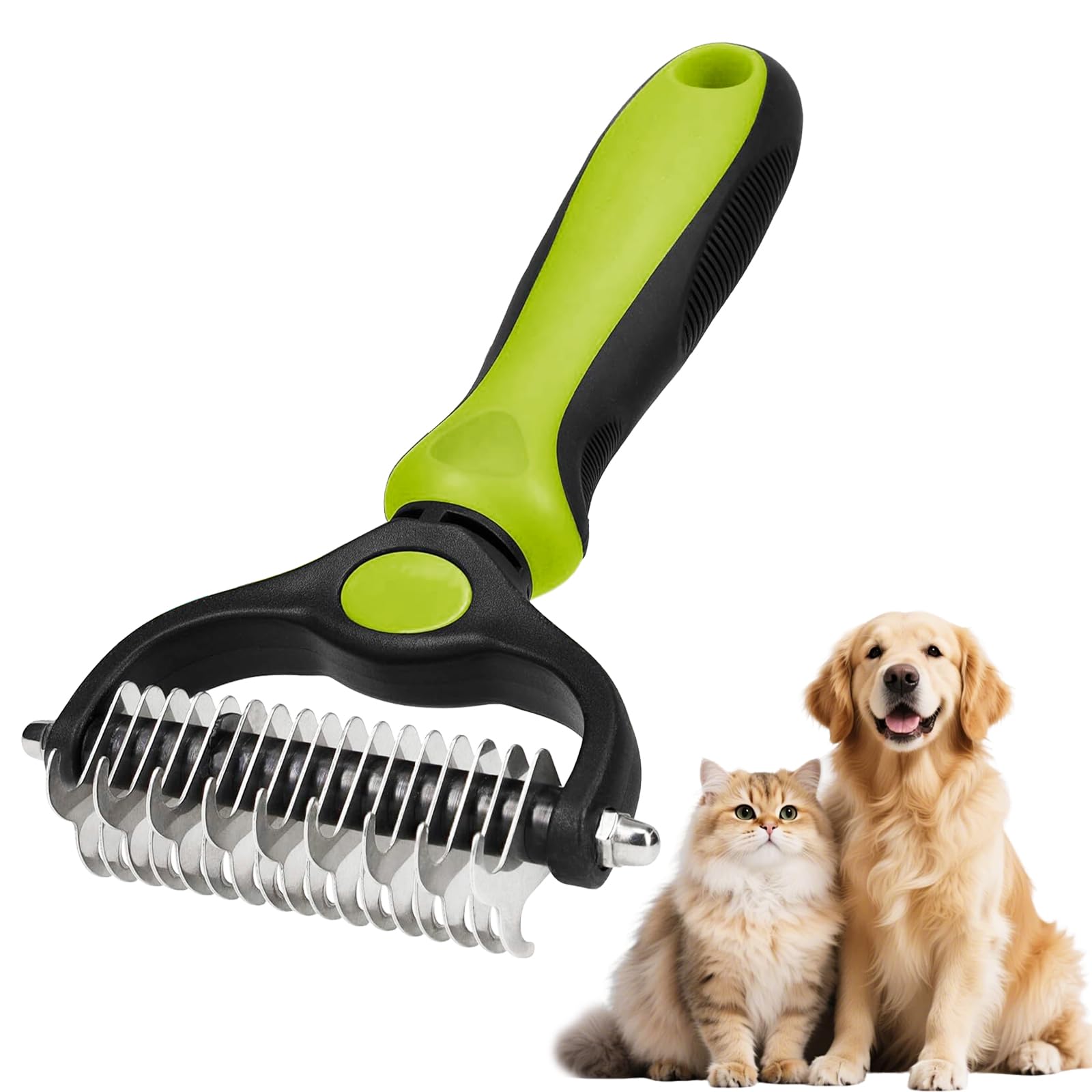 Soodyoop Dog and Cat Brushes, Double Sided 17+9 Stainless Steel Teeth, Removes Dead Hair and Knots, Undercoat Rake for Long Short Hair, Green