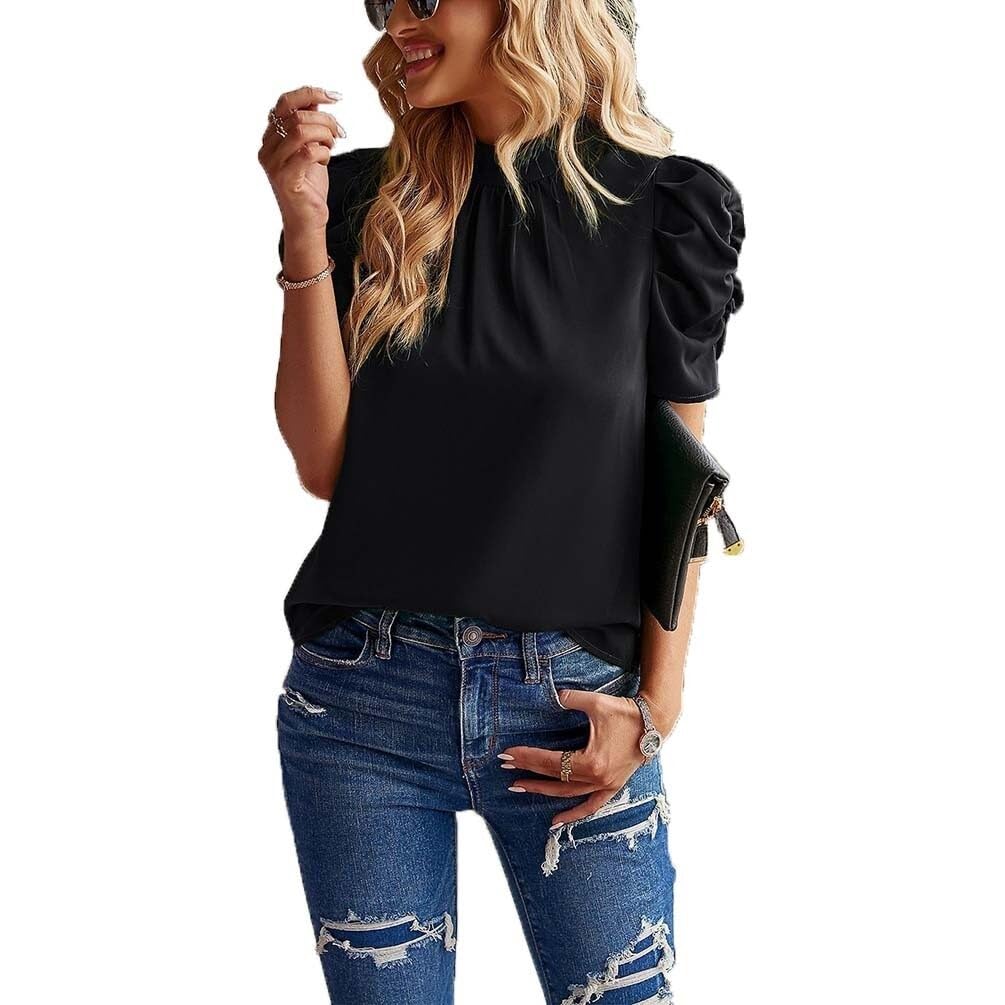 Femmes Col Rond Plissé Devant T-Shirts À Manches Courtes Été Hauts Habillés Blouses Décontractées Été Femmes Col Rond Hauts Amples T-Shirt Oversize (Color : Black, Size : L)