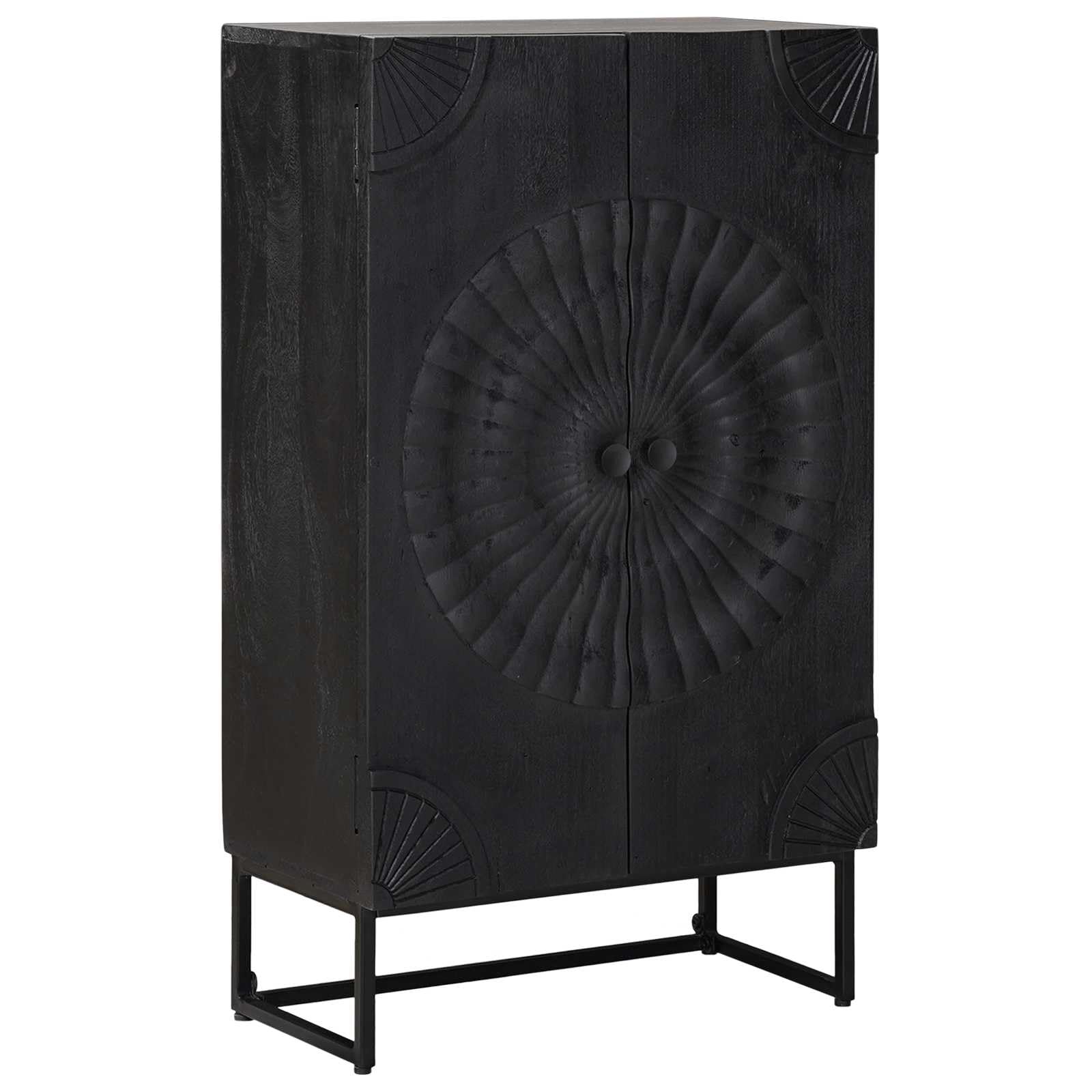 Credenza Nero 55 x 30 x 95 cm | Legno Massello di Mango, 2 Ante, Ripiani e Cassetti, Design Moderno per Soggiorno